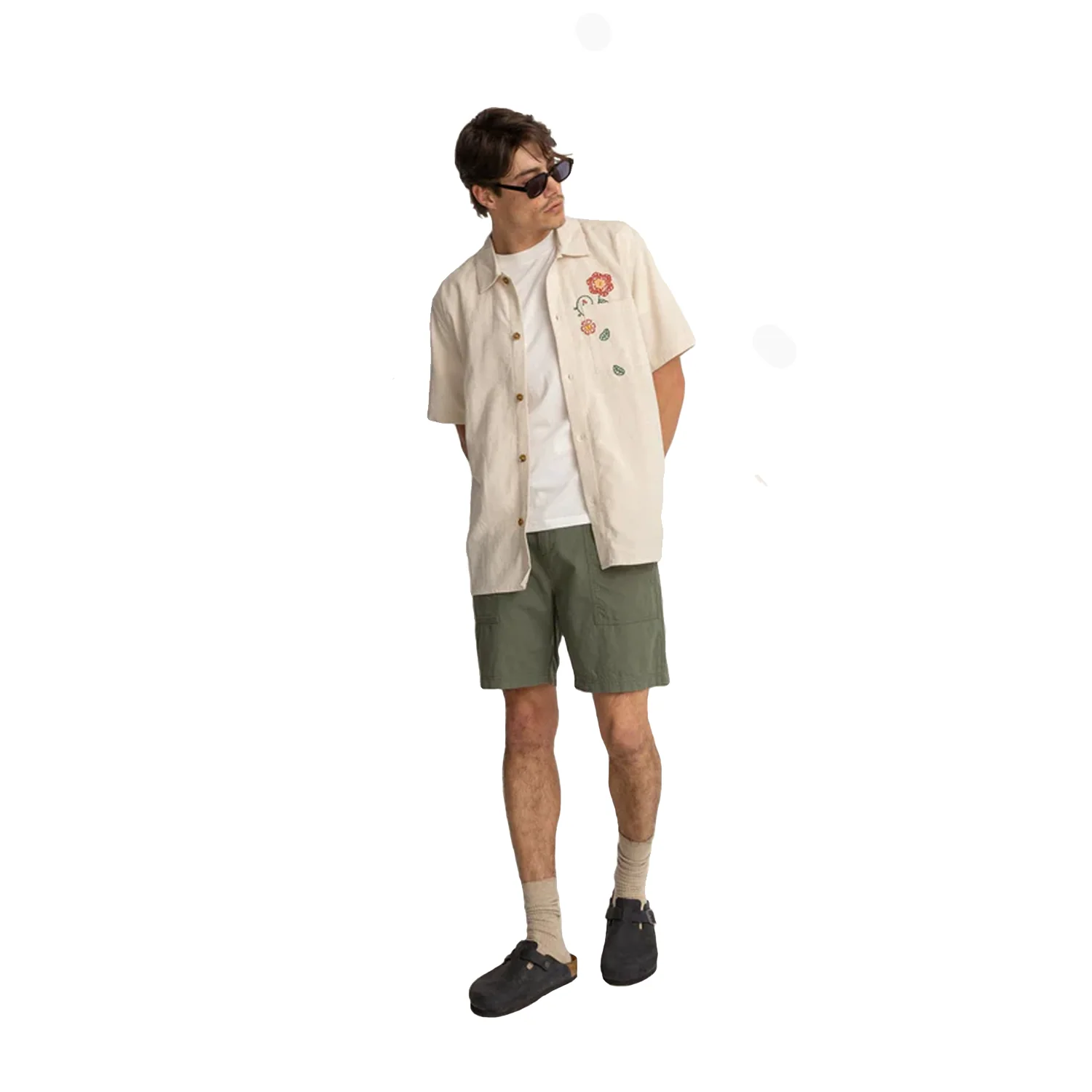 Rhythm Men's Flower Embroidery S/S Shirt Natural