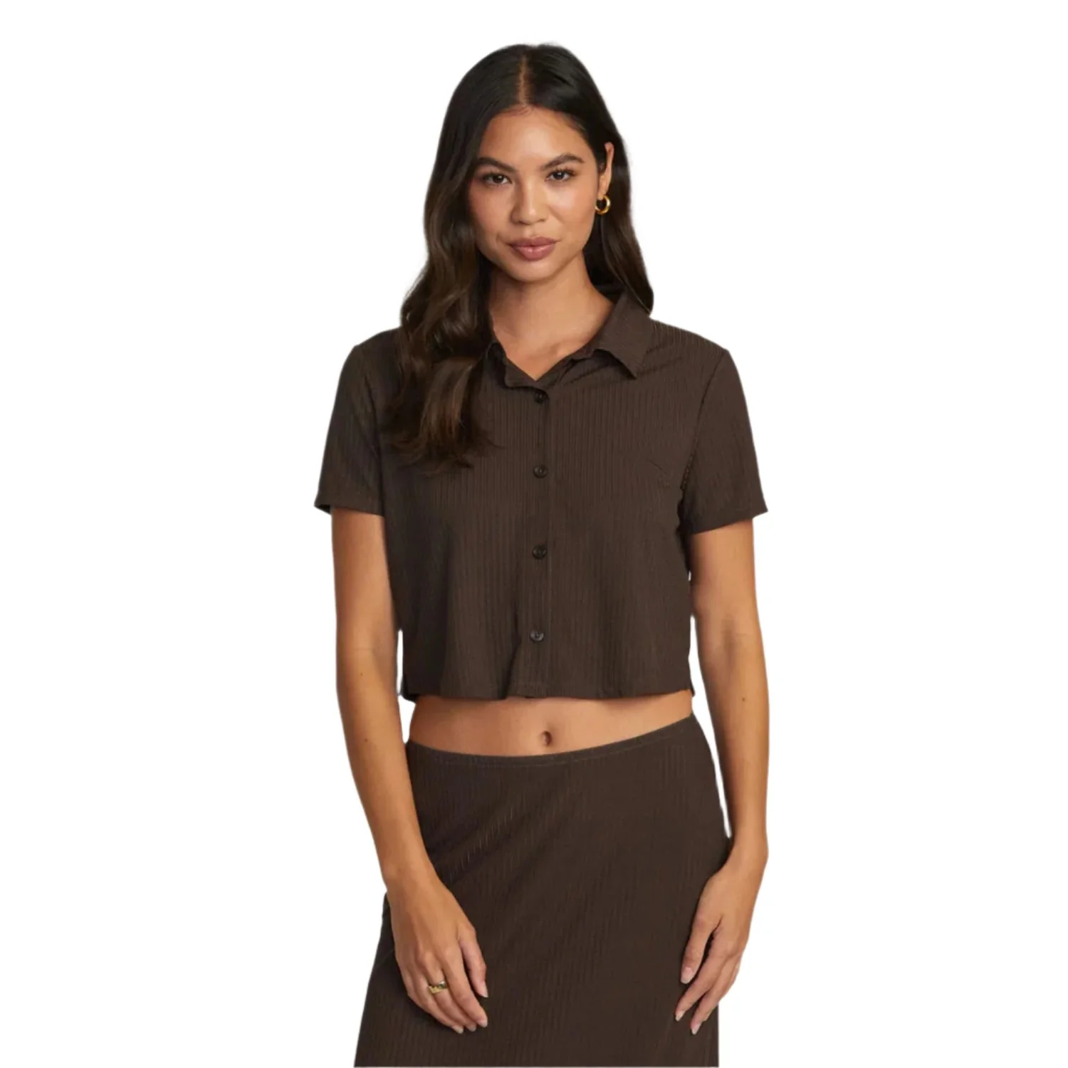 RVCA Women's Jenni Button Down T Shirt Chocolate Torte