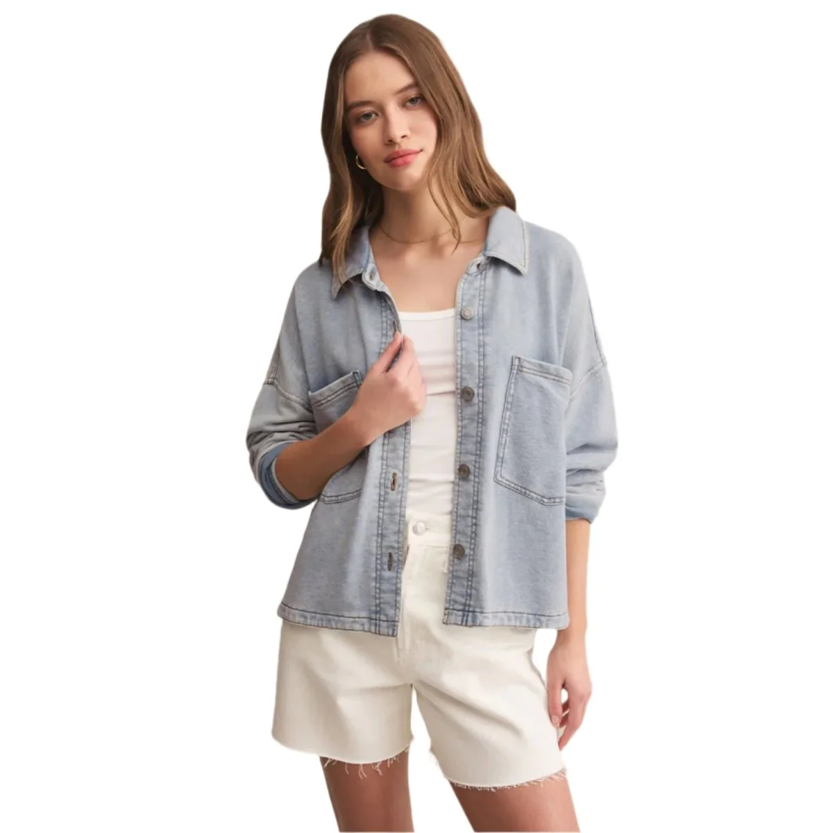 Z Supply Women's All Day Cropped Knit Denim Jacket Washed Indigo